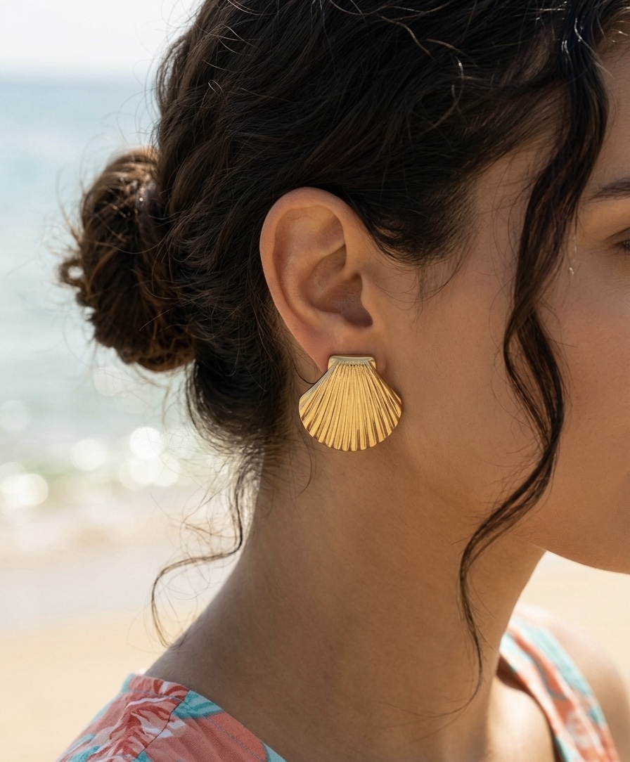 Shell earring worn at the beach