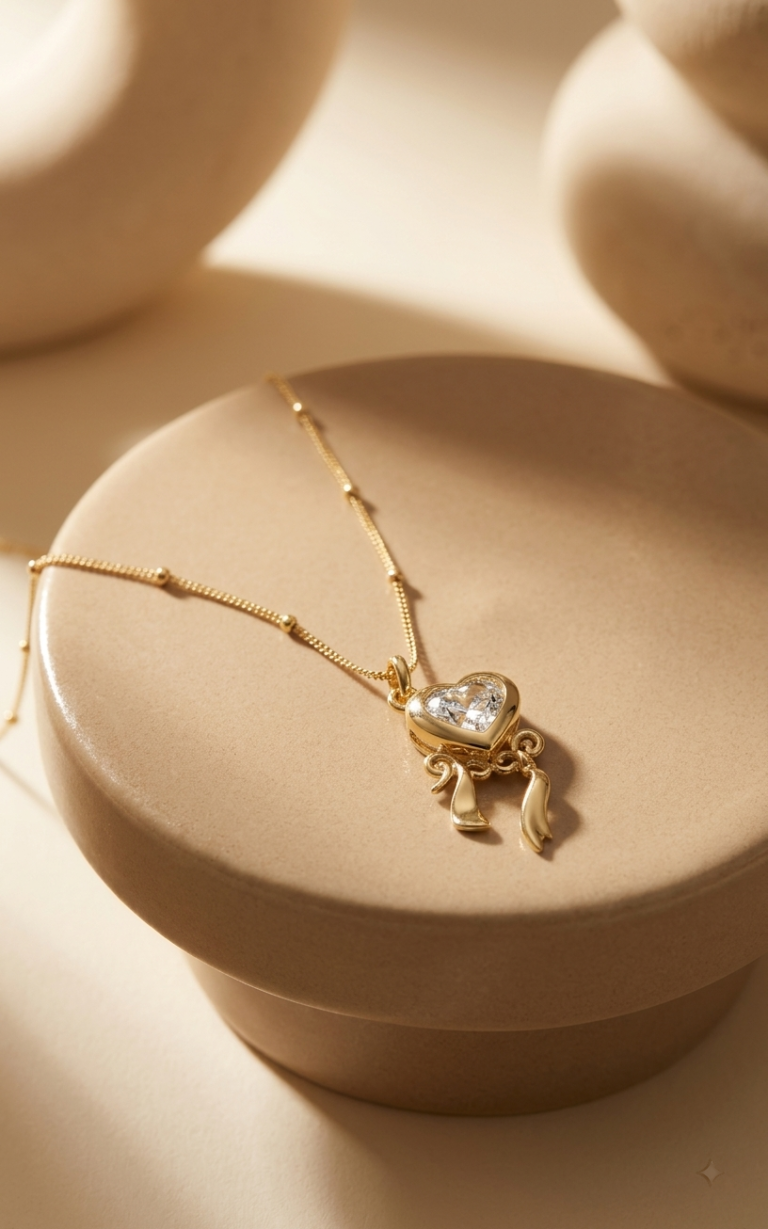 Heart Bow Gold Pendant Necklace