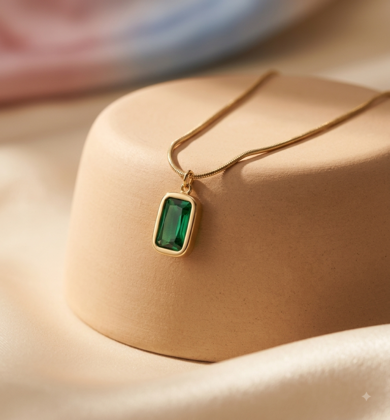 Green Rectangular Gemstone Pendant Necklace